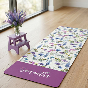 Paarse Blauwe Wilde Bloem Waterverf Aangepaste Naa Yogamat