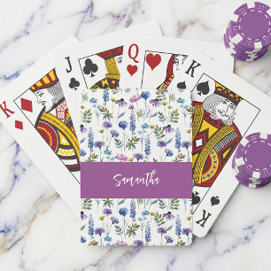 Paarse Blauwe Wilde Bloem Waterverf Monogram Naam Pokerkaarten