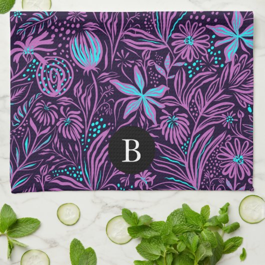 Paarse & Blauwe Wilde Bloemen | Monogram Theedoek (Gevouwen)