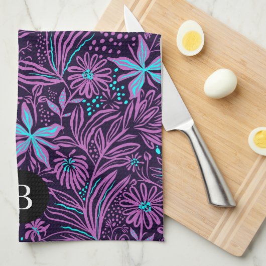 Paarse & Blauwe Wilde Bloemen | Monogram Theedoek (Quarter Fold)