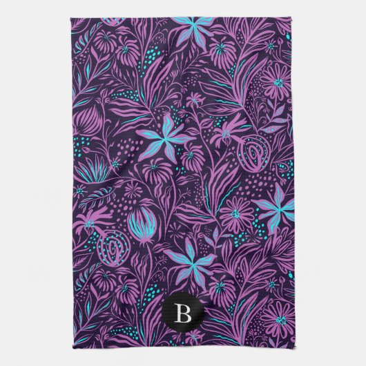 Paarse & Blauwe Wilde Bloemen | Monogram Theedoek (Verticaal)