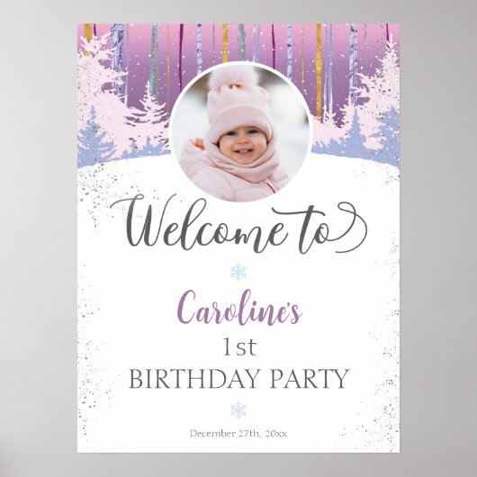 Paarse Blauwe Winter Eerste Verjaardag Welkom Foto Poster (Voorkant)