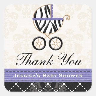 Paarse Blauwe Zebra Baby Carriage Dank u Vierkante Sticker