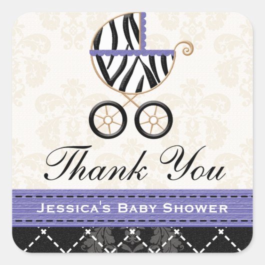 Paarse Blauwe Zebra Baby Carriage Dank u Vierkante Sticker (Voorkant)