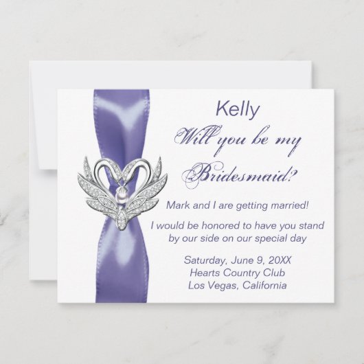 Paarse Blauwe Zilveren Zwanen Bruidsmeisje Kaart (Voorkant)