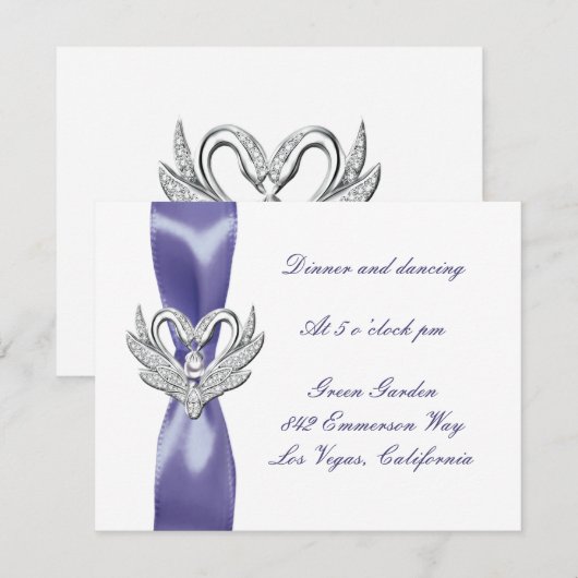 Paarse Blauwe Zilveren Zwanen Trouwreceptiekaart Aankondiging (Voorkant / Achterkant)