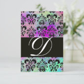 PAARSE BLAUWGROEN AQUA BLAUW ZWART DAMASK MONOGRAM RSVP KAARTJE (Staand voorkant)