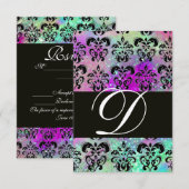 PAARSE BLAUWGROEN AQUA BLAUW ZWART DAMASK MONOGRAM RSVP KAARTJE (Voorkant / Achterkant)