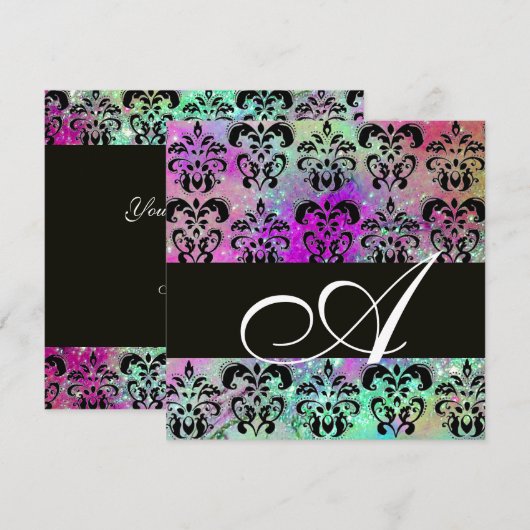 PAARSE BLAUWGROEN AQUA BLAUW ZWARTE DAMASKMONOGRAM KAART (Voorkant / Achterkant)