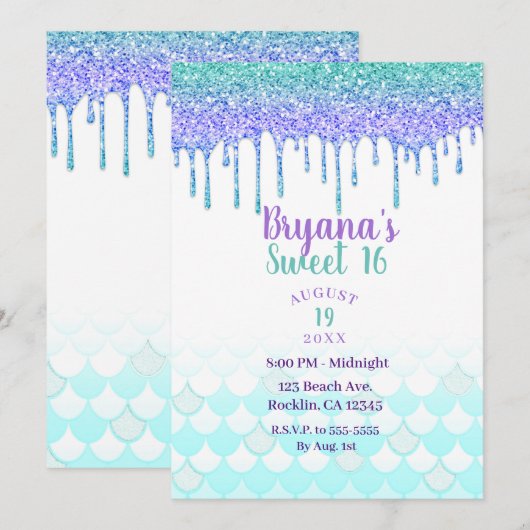 Paarse & Blauwgroen Aqua Glitter Drip Zeemeermin S Kaart (Voorkant / Achterkant)