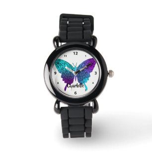Paarse Blauwgroen Big Butterfly - Aangepast Horloge