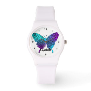 Paarse Blauwgroen Big Butterfly - Aangepast Horloge