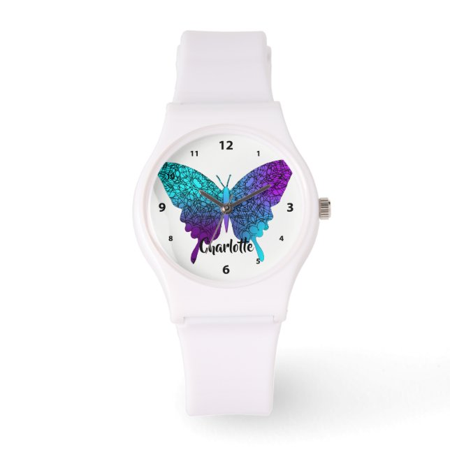  Paarse Blauwgroen Big Butterfly - Aangepast Horloge (Voorkant)