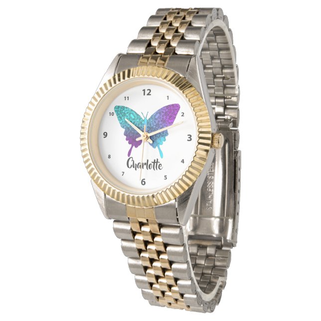  Paarse Blauwgroen Big Butterfly Personalized Watt Horloge (Gekanteld)