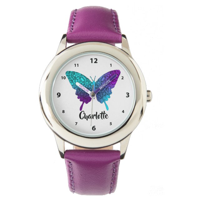  Paarse Blauwgroen Big Butterfly Personalized Watt Horloge (Voorkant)