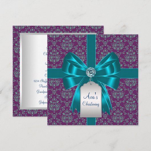 Paarse Blauwgroen Blauwe Damask Baby doopsel doop  Kaart (Voorkant / Achterkant)