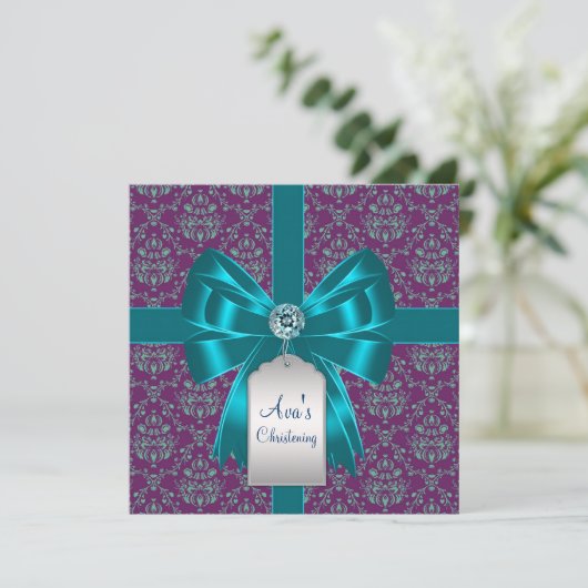 Paarse Blauwgroen Blauwe Damask Baby doopsel doop  Kaart (Staand voorkant)