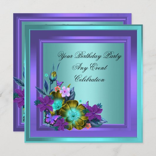 Paarse Blauwgroen Blauwe Floral Elegant Party Kaart (Voorkant / Achterkant)