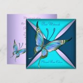 Paarse Blauwgroen Blauwe Vlinder Bat Mitzvah Kaart (Voorkant / Achterkant)
