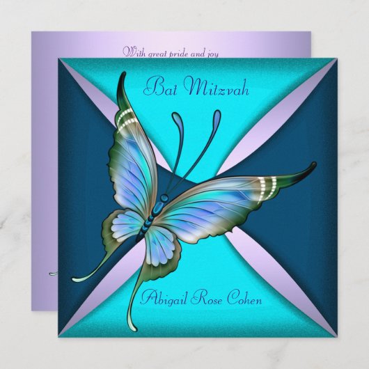 Paarse Blauwgroen Blauwe Vlinder Bat Mitzvah Kaart (Voorkant / Achterkant)