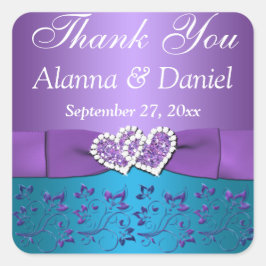 Paarse, Blauwgroen Bloemen, Hart 1.5"Sq. huwelijks Vierkante Sticker