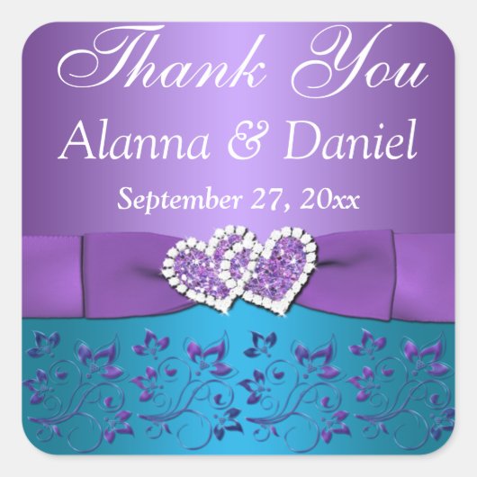 Paarse, Blauwgroen Bloemen, Hart 1.5"Sq. huwelijks Vierkante Sticker (Voorkant)