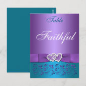 Paarse, Blauwgroen bloemen, harten tafel naam Kaar Briefkaart (Voorkant / Achterkant)