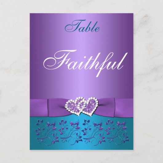 Paarse, Blauwgroen bloemen, harten tafel naam Kaar Briefkaart (Voorkant)