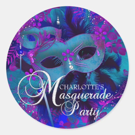 Paarse & Blauwgroen Bloemen Masquerade Party Stick Ronde Sticker (Voorkant)