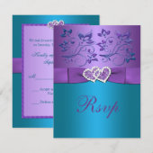Paarse, Blauwgroen Bloemenharten Monogram Bruiloft RSVP Kaartje (Voorkant / Achterkant)