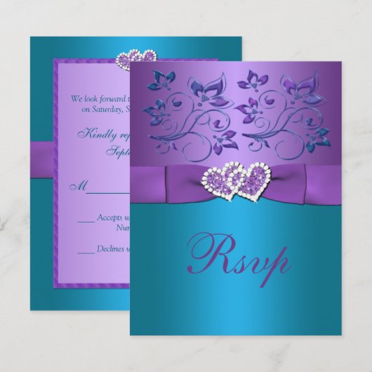 Paarse, Blauwgroen Bloemenharten Monogram Bruiloft RSVP Kaartje (Voorkant / Achterkant)
