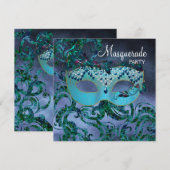 Paarse Blauwgroen Blue Masquerade Party Uitnodigin Kaart (Voorkant / Achterkant)