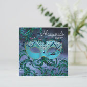 Paarse Blauwgroen Blue Masquerade Party Uitnodigin Kaart (Staand voorkant)
