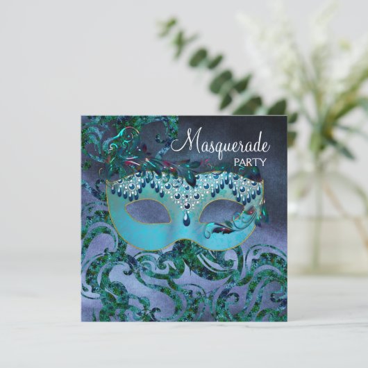 Paarse Blauwgroen Blue Masquerade Party Uitnodigin Kaart (Staand voorkant)
