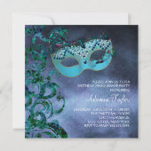 Paarse Blauwgroen Blue Masquerade Party Uitnodigin Kaart (Achterkant)