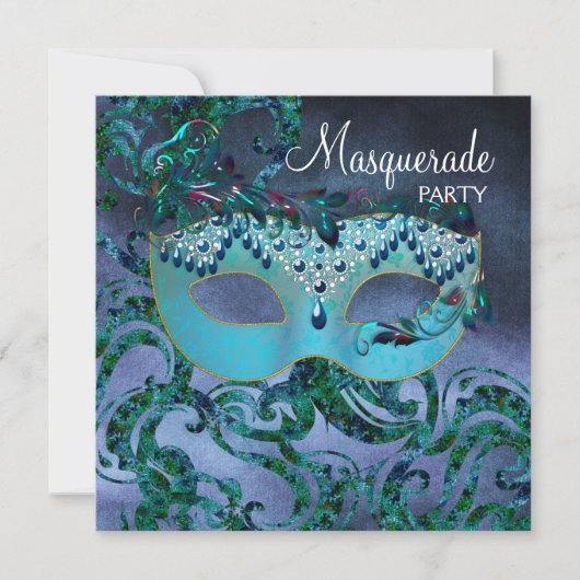 Paarse Blauwgroen Blue Masquerade Party Uitnodigin Kaart (Voorkant)