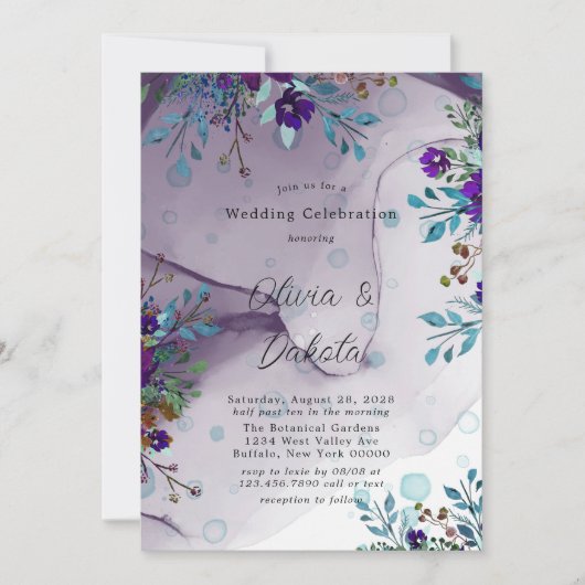 Paarse Blauwgroen botanische flora Alcohol Ink Wed Kaart (Voorkant)