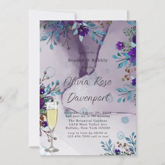 Paarse Blauwgroen botanische Floral Brunch en Bubb Kaart (Voorkant)