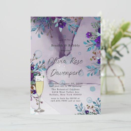 Paarse Blauwgroen botanische Floral Brunch en Bubb Kaart (Staand voorkant)