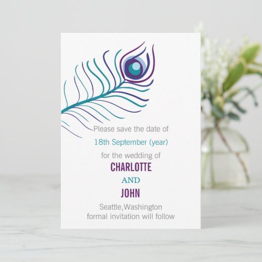 Paarse blauwgroen bruinkoolpauw, met uitzondering save the date (Staand voorkant)