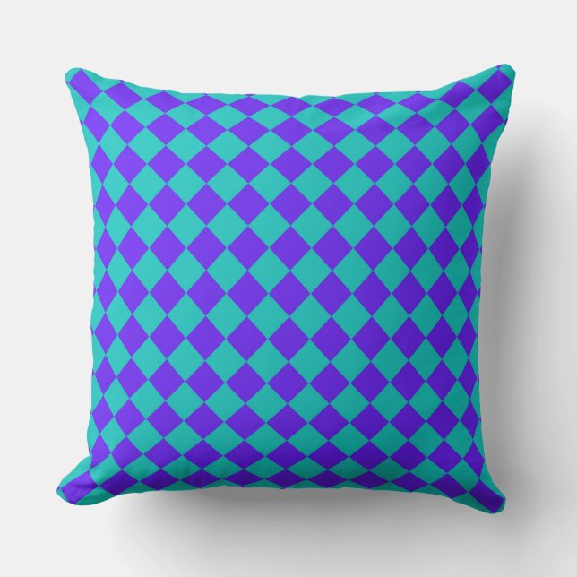 Paarse Blauwgroen Checker Diamantpatroon Kussen (Voorkant)