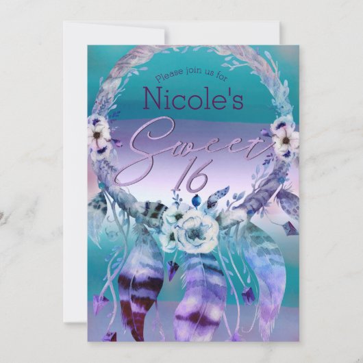 Paarse & Blauwgroen Droomvanger Boho Sweet 16 Part Kaart (Voorkant)