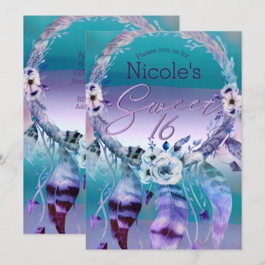 Paarse & Blauwgroen Droomvanger Boho Sweet 16 Part Kaart (Voorkant / Achterkant)