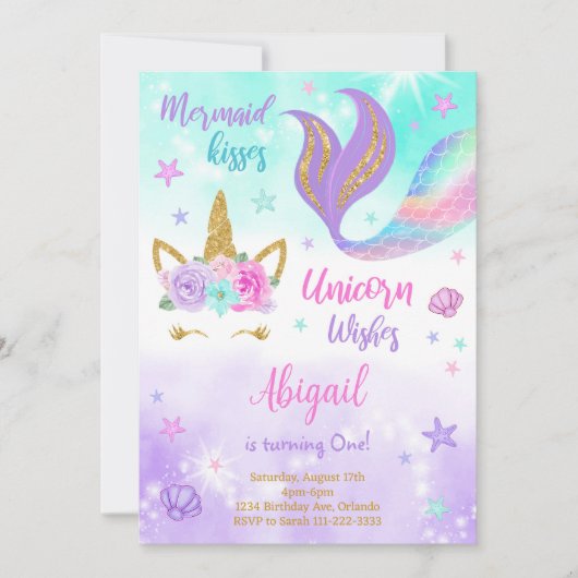 Paarse Blauwgroen Eenhoorn Zeemeermin Verjaardagsu Kaart (Voorkant)