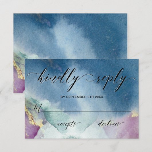 Paarse, Blauwgroen en Blauwe Waterverf Bruiloft RS RSVP Kaartje (Voorkant / Achterkant)