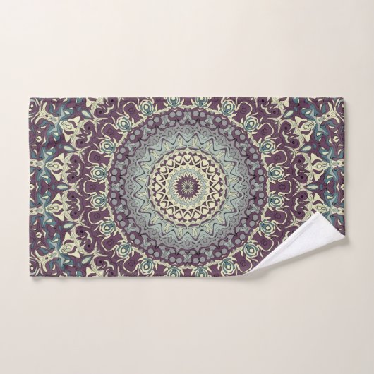 Paarse Blauwgroen en Crème Mandala Patroon Bad Handdoek (Handdoek)