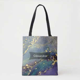 Paarse, Blauwgroen en gouden Abstracte Vloeibare K Tote Bag
