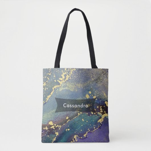 Paarse, Blauwgroen en gouden Abstracte Vloeibare K Tote Bag (Voorkant)