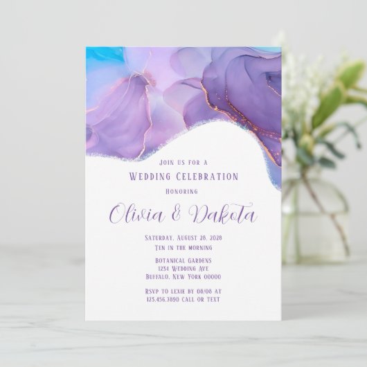 Paarse Blauwgroen etherische alcohol Ink Wedding I Kaart (Staand voorkant)