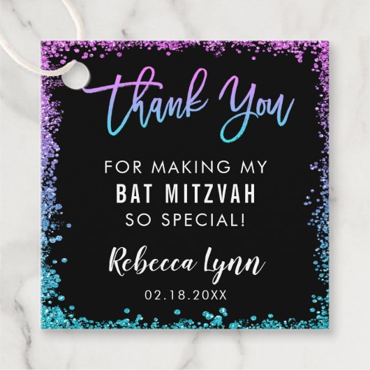 Paarse Blauwgroen Faux Glitter Bat Mitzvah Bedankjes Labels (Voorkant)